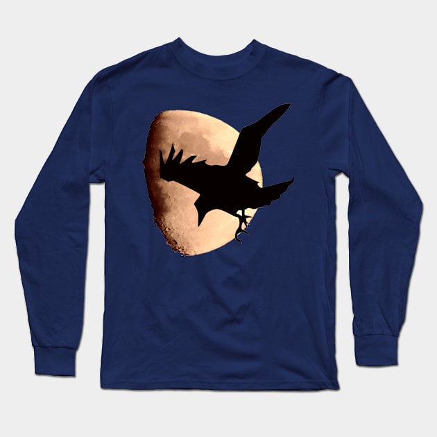 Nocturnal Crow Silhouetted Against A Pink Red Moon Long Sleeve T-Shirt by taiche